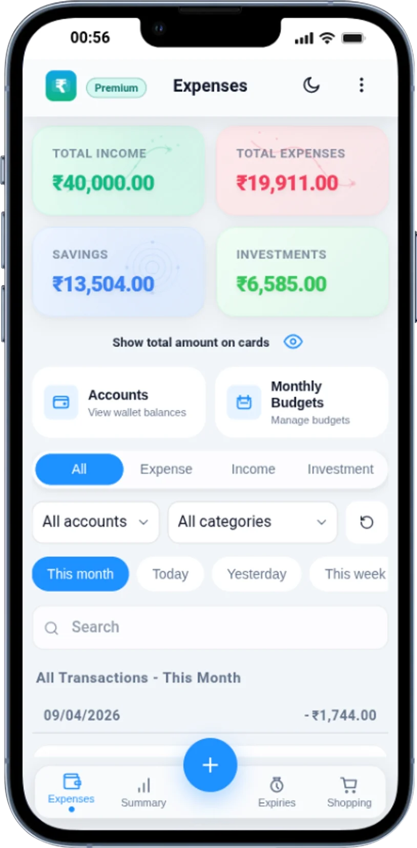 Home dashboard screen with expense tracking