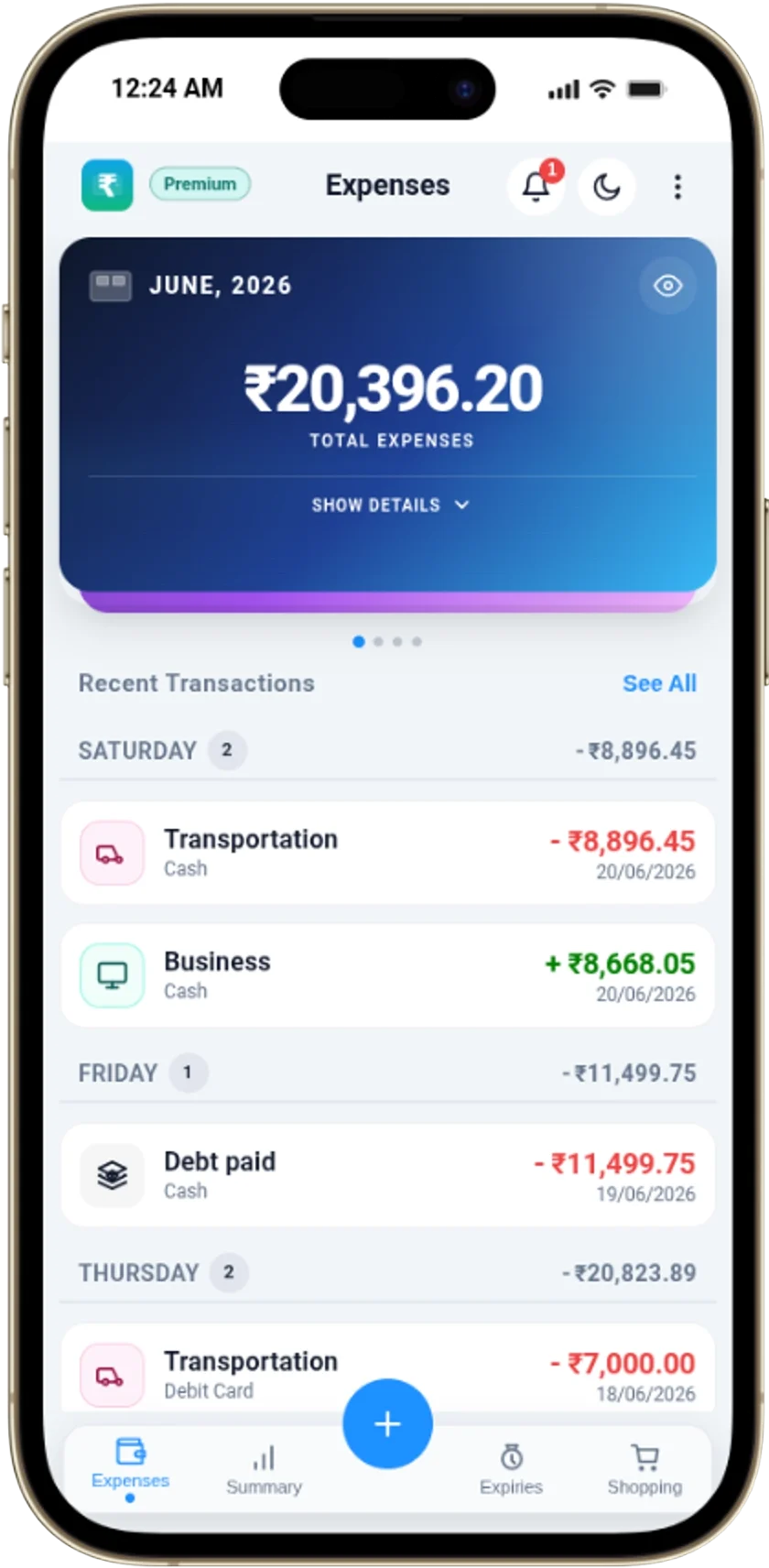 Expense calculator and tracker app interface